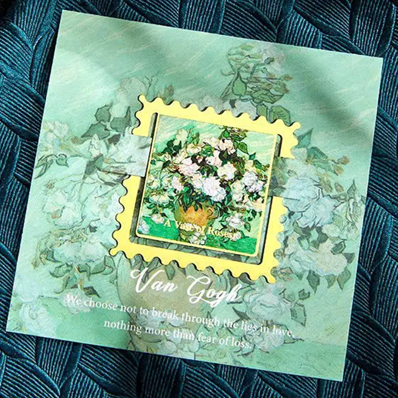 Bookmark hình vuông kim loại nghệ thuật – tranh A Vase of Roses của Vincent van Gogh - Một bức tranh đẹp mô tả một bình hoa hồng trắng.