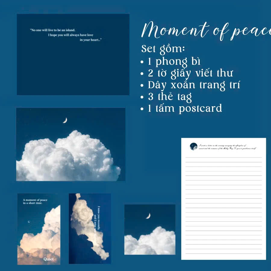 Bộ thiệp và phong bì "Moment of Peace" màu xanh dương với hình ảnh mây trời và không gian tĩnh lặng.