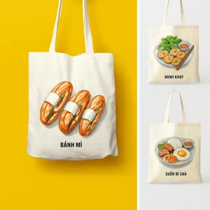 Túi tote vải canvas in hình món ăn Việt Nam như Phở, Bánh mì, Bún bò Huế – Quà tặng lưu niệm văn hóa Việt