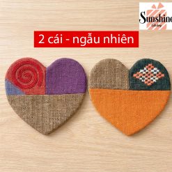 Set 2 lót ly handmade hình tim vải lanh thổ cẩm decor quán cà phê