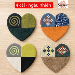 Combo 4 lót ly handmade hình trái tim thổ cẩm nhiều màu